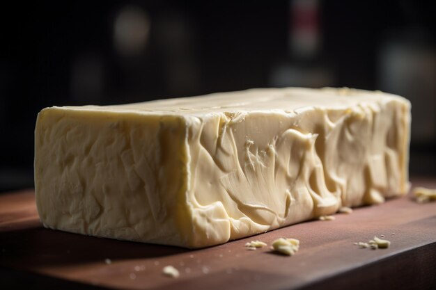 Gros plan détaillé d'un bloc de beurre jaune frais placé sur une planche à découper en bois au chaud