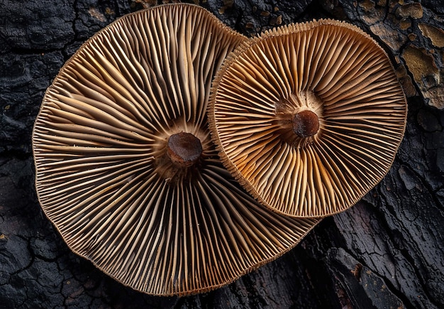 Un gros plan détaillé d'un chapeau de champignon montrant ses branchies complexes sur un fond sombre qui met en valeur sa beauté naturelle