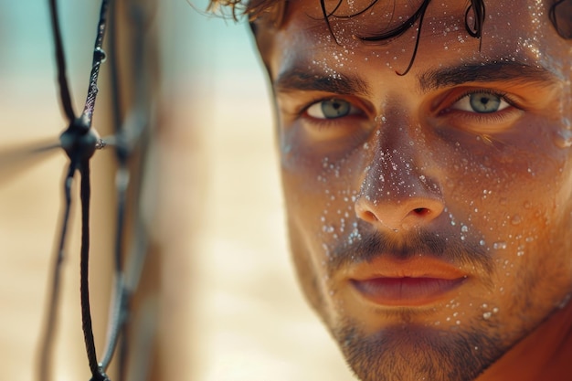 Un gros plan détaillé du visage d'un joueur de volleyball de plage mettant en évidence leur concentration intense pendant le match