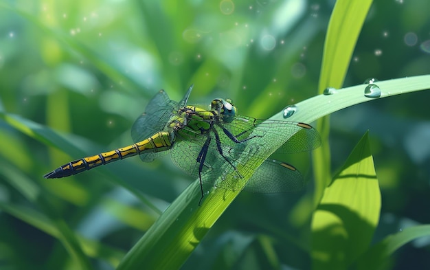 Un gros plan détaillé d'une libellule reposant sur un roseau vert ses ailes brillant à la lumière du soleil