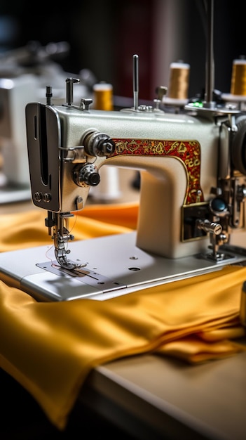 Photo gros plan détaillé d'une machine à coudre au travail avec du tissu et des fils fond d'écran mobile vertical