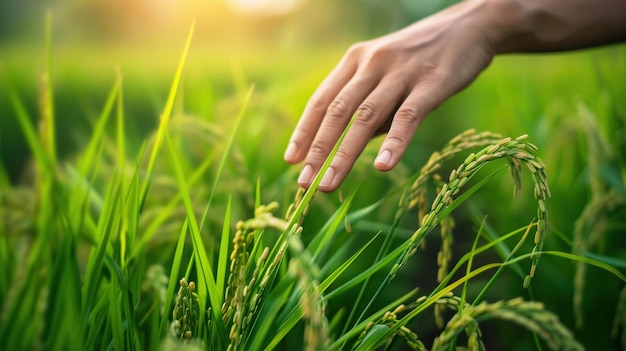 Un gros plan détaillé d'une main touchant doucement des plants de riz dans un champ