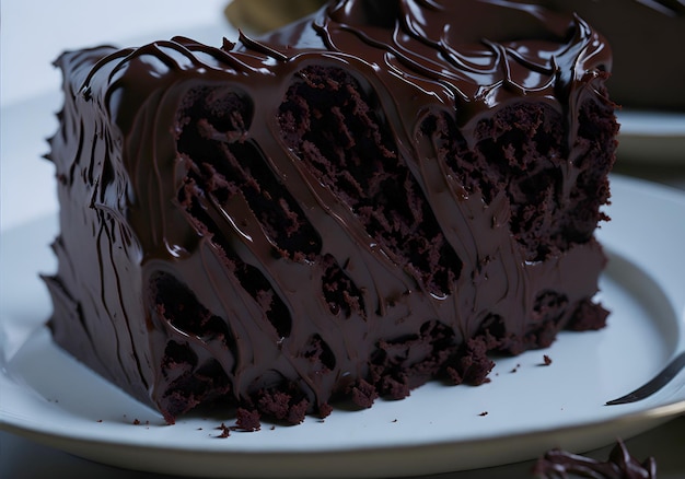 Gros plan détaillé d'une tarte ou d'un gâteau au chocolat moelleux et moelleux avec une couche généreuse de brigadeiro crémeux généré par l'IA