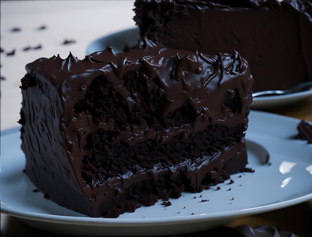 Gros plan détaillé d'une tarte ou d'un gâteau au chocolat moelleux et moelleux avec une couche généreuse de brigadeiro crémeux généré par l'IA