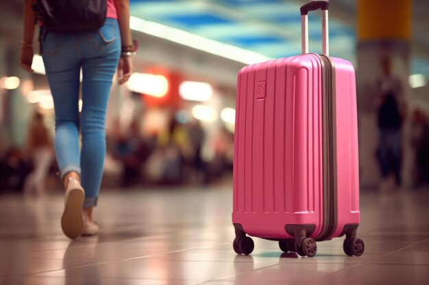 Un gros plan détaillé d'une valise élégante à l'aéroport avec une femme dans le cadre capture l'essence du voyage moderne et l'intégration transparente de la commodité