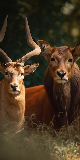 Un gros plan de deux animaux avec des cornes et un fond vert