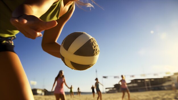 gros plan de deux athlètes jouant au volleyball de plage leurs mains atteignant haut dans les airs pour frapper la balle