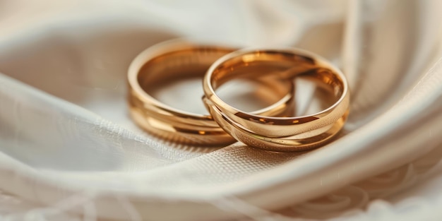 Un gros plan de deux bagues de mariage entrelacées pour symboliser un anniversaire