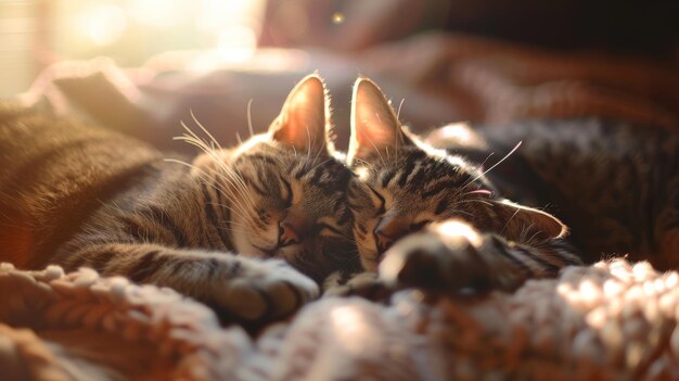 En gros plan, deux chats qui font une sieste ensemble dans un endroit ensoleillé. Leurs corps sont en parfaite harmonie alors qu'ils s'imprègnent de chaleur et de confort à l'intérieur.