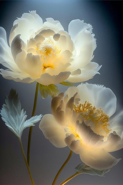 Gros plan de deux fleurs blanches dans un vase ai générative