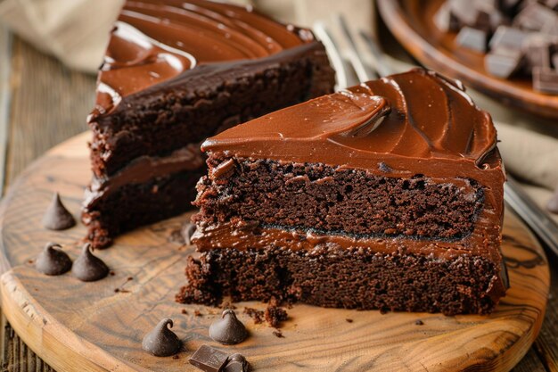 Un gros plan de deux morceaux de gâteau au chocolat sur une planche en bois