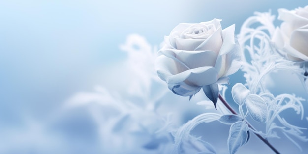 Un gros plan de deux roses blanches sur une branche copyspace lieu pour le texte fleurs d'hiver beau hiver
