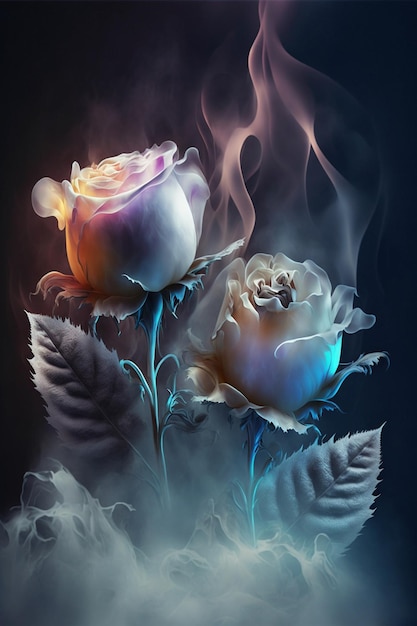 Gros plan de deux roses avec de la fumée en arrière-plan ai générative