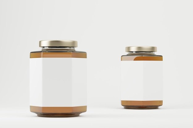 Gros plan de deux salières marron et blanc avec couvercles brillants. Concept de cuisine et de manger. rendu 3d. Maquette.