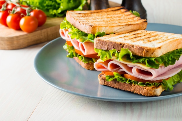 Gros plan de deux sandwichs au bacon, salami, prosciutto et légumes frais sur une planche à découper en bois rustique. Concept de sandwich au club.