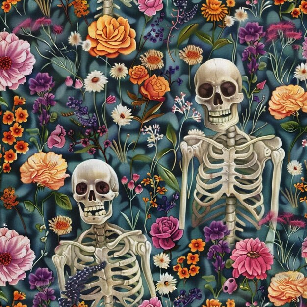 un gros plan de deux squelettes dans un champ de fleurs générative ai