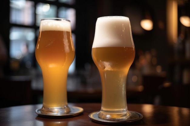 Gros plan de deux verres de bière pression avec une tête mousseuse et des saveurs pleines créées avec une IA générative