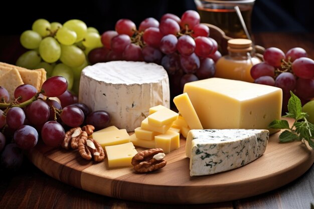Gros plan de divers fromages et raisins sur une planche de bois
