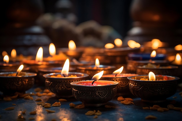 Gros plan sur Diwali diya ou éclairage de lampes à huile