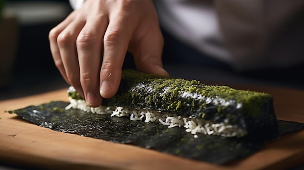 Gros plan des doigts d'un chef de sushi enveloppant habilement des algues nori autour d'un rouleau de sushi