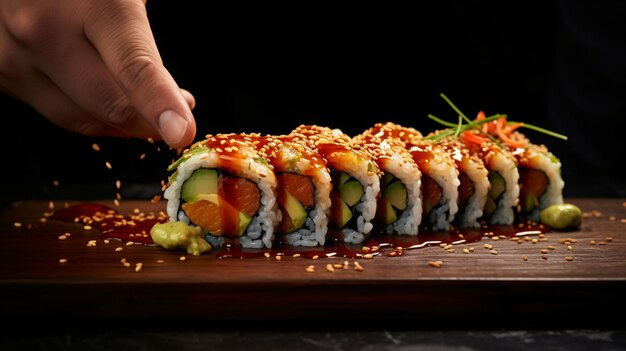 Gros plan des doigts d'un chef de sushi roulant un rouleau de maki au thon épicé mettant en valeur le thon épicé