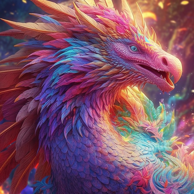 Un gros plan d'un dragon coloré avec des plumes sur sa tête