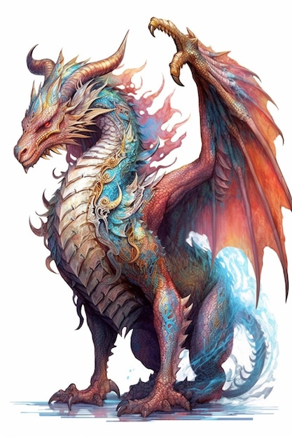 Un gros plan d'un dragon avec un corps bleu et orange ai génératif