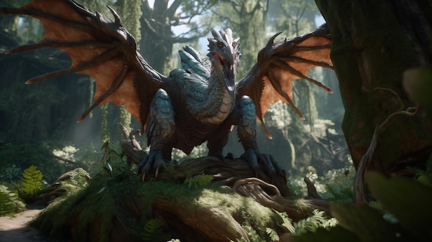 Gros plan d'un dragon majestueux dans un repaire de forêt enchantée avec des détails complexes et des traits délicats et doux dans un art fantastique 4K ultraréaliste
