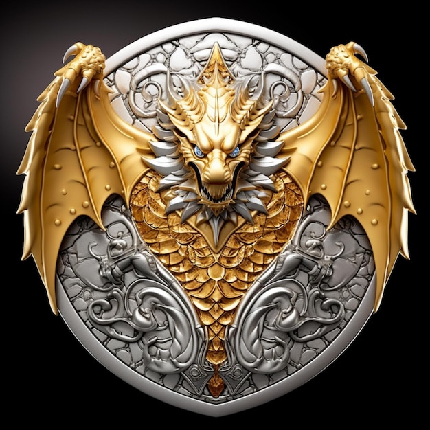 Photo un gros plan d'un dragon d'or et d'argent sur un bouclier génératif ai