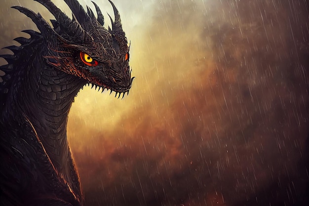Gros plan d'un dragon sous la pluie générative ai