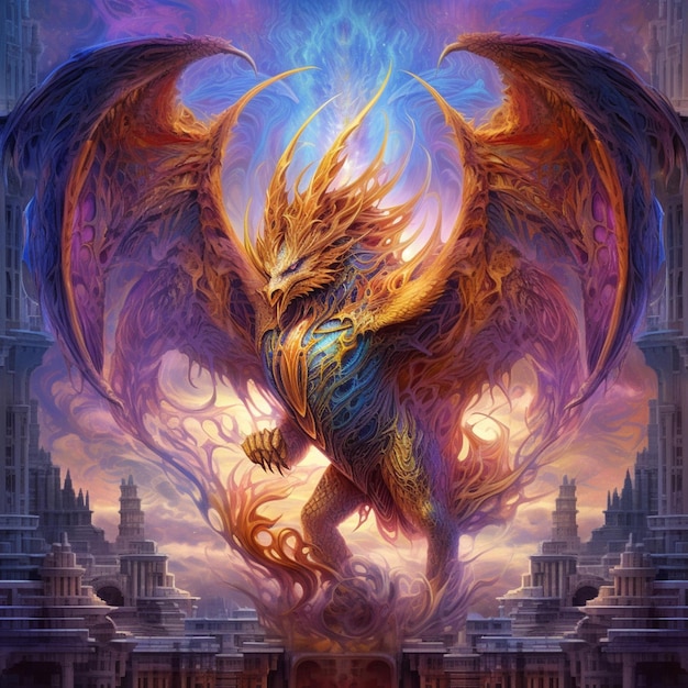 Un gros plan d'un dragon volant au-dessus d'une ville avec un fond de ciel ai génératif
