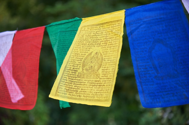 Photo gros plan de drapeaux tibétains