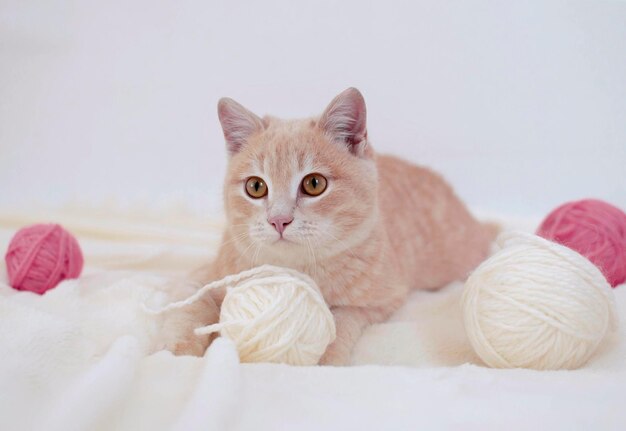 Gros plan d'une drôle de rousse allongée sur une couverture moelleuse avec du fil Le chat rayé joue avec des boules roses et blanches des boules de fil sur un lit blanc