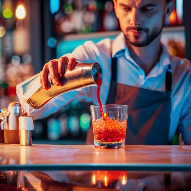 Gros plan du barman termine la préparation d'un cocktail alcoolisé versant une boisson dans une lumière néon multicolore