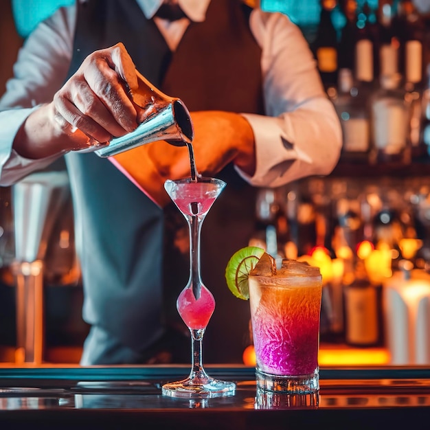 Gros plan du barman termine la préparation d'un cocktail alcoolisé versant une boisson dans une lumière néon multicolore