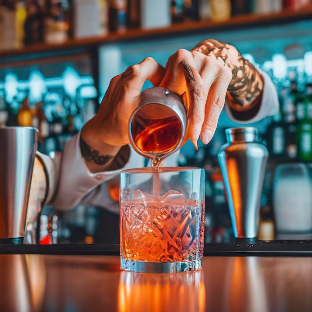 Gros plan du barman termine la préparation d'un cocktail alcoolisé versant une boisson dans une lumière néon multicolore