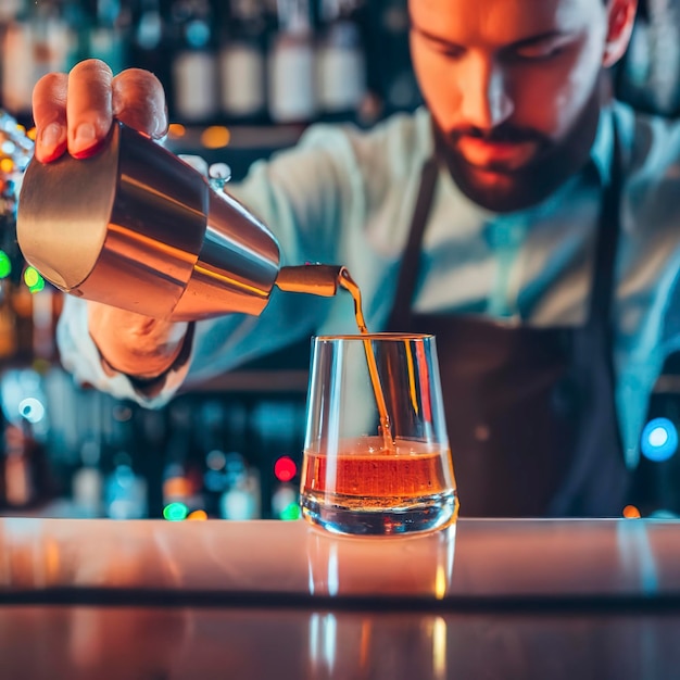 Photo gros plan du barman termine la préparation d'un cocktail alcoolisé versant une boisson dans une lumière néon multicolore
