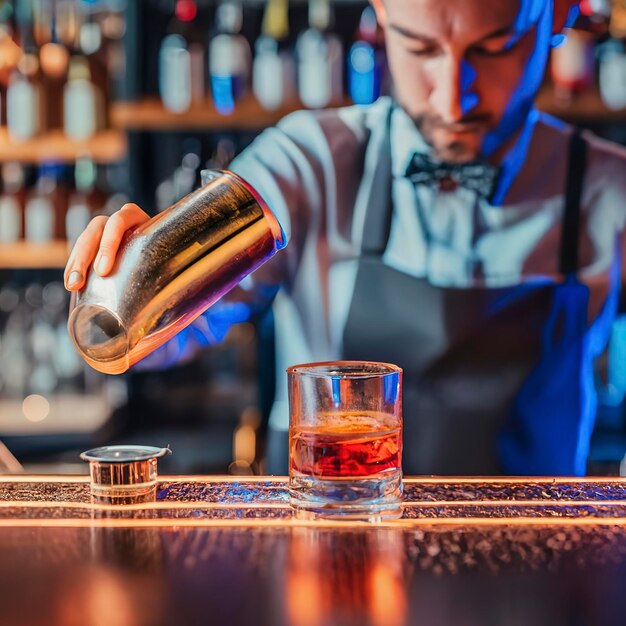 Gros plan du barman termine la préparation d'un cocktail alcoolisé versant une boisson dans une lumière néon multicolore