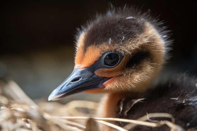 Gros plan du bec des oiseaux nouveau-nés entouré de plumes créées avec une IA générative