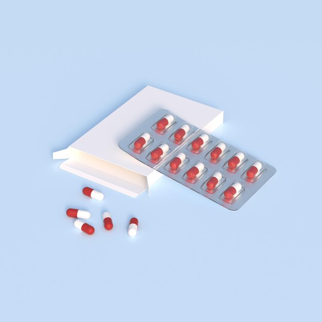 Gros plan du blister de l'emballage avec des pilules de médicaments rondes rendu 3d