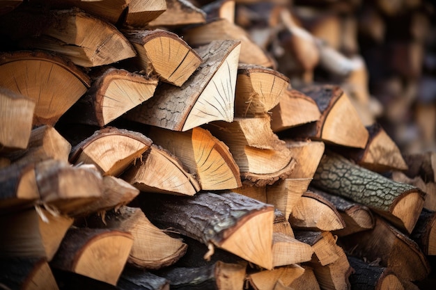 Gros plan du bois de chauffage haché empilé