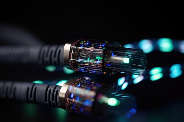 Gros plan du câble à fibre optique avec voyants bleus sur fond noir Câbles de transfert de données futuristes gros plan