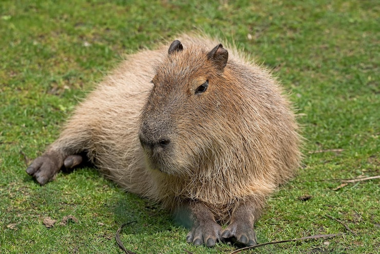 Photo un gros plan du capybara assis sur un champ d'herbe