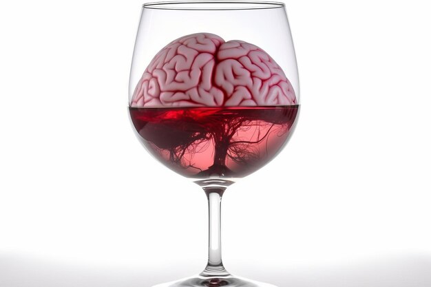 Gros plan du cerveau humain se trouve dans un verre de vin debout sur un fond blanc