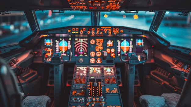 un gros plan du cockpit d'un avion la nuit