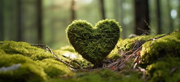 Gros plan du coeur en bois sur la mousse Tombe funéraire naturelle dans les bois Generative AI