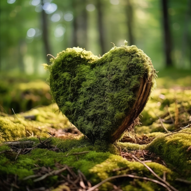 Gros plan du coeur en bois sur la mousse tombe funéraire naturelle dans le bois