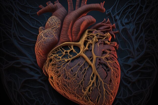 Gros plan du cœur humain avec des veines complexes et délicates en pleine vue