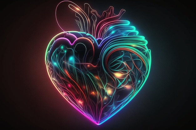 Gros plan du coeur néon avec fond noir ai générative
