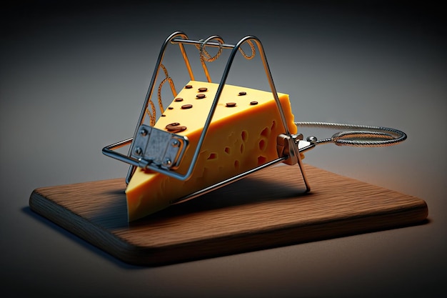 Gros plan du coin de fromage dans la souricière avec piège prêt à jaillir